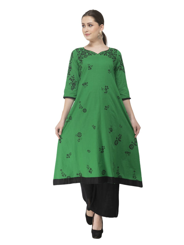 Women's Green & Black Minimal Cotton Anarkali With Ajrakh Hand Block Print - Wahe-Noor