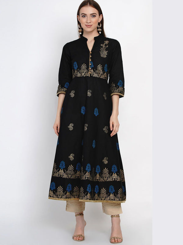 Women's Minimal Black Cotton Anarkali With Ajrakh Hand Block Print - Noz2Toz