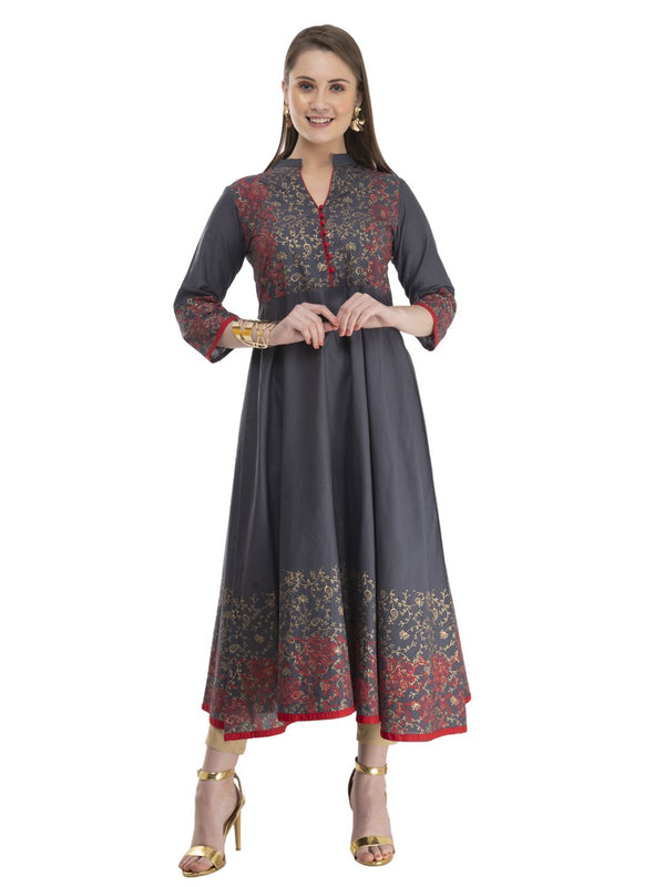 Women's Grey And Red Cotton Anarkali With Ajrakh Hand Block Print - Noz2Toz