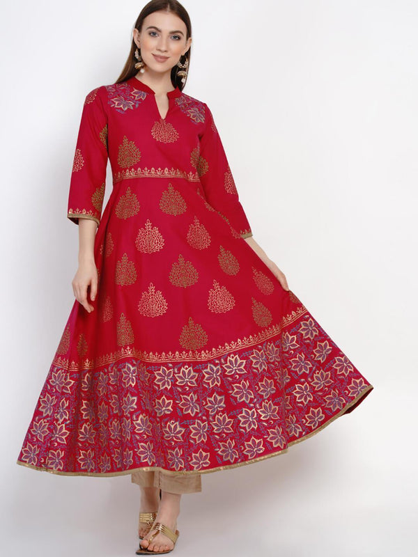 Women's Festive Red Ajrakh Hand Block Cotton Printed Anarkali - Noz2Toz