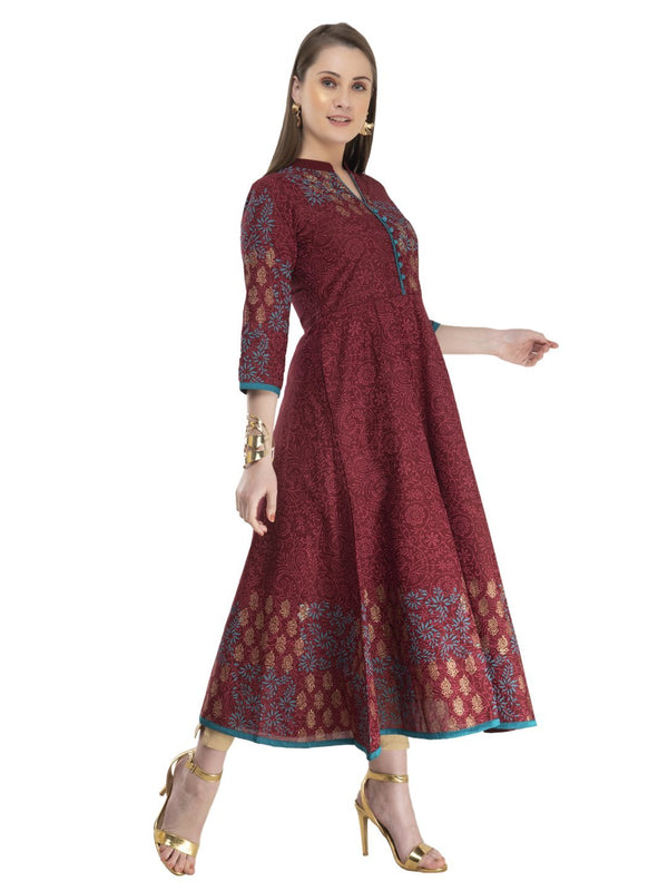 Women's Overall Maroon Ajrakh Hand Block Cotton Printed Anarkali - Noz2Toz