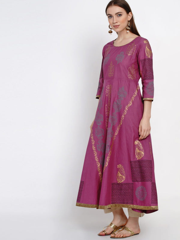 Women's Mauve Cotton Anarkali With Ajrakh Hand Block Print - Noz2Toz