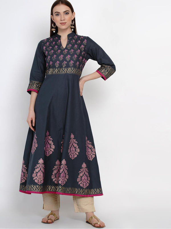 Women's Grey Cotton Anarkali With Ajrakh Hand Block Print - Noz2Toz