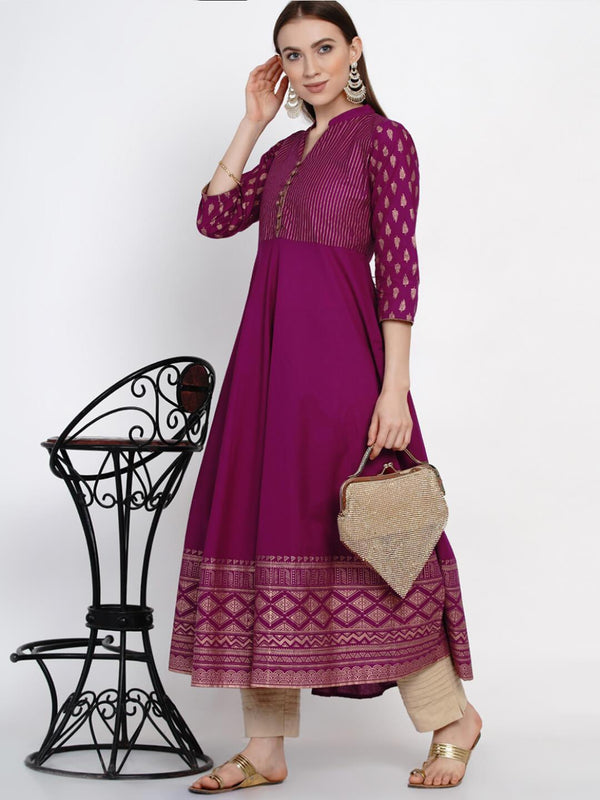 Women's Mauve Cotton Anarkali With Ajrakh Hand Block Print - Noz2Toz