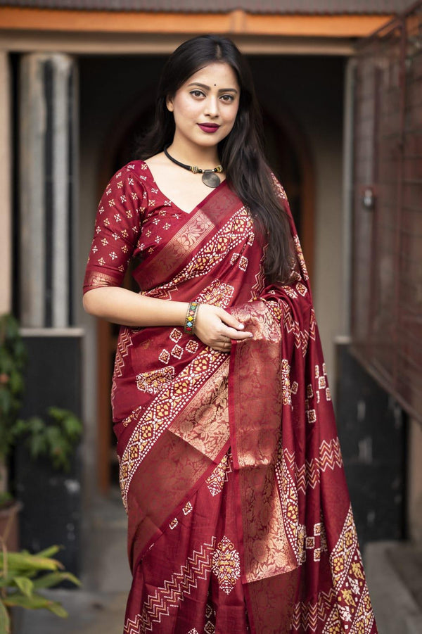 Women's Maroon Soft Cotton Crape Saree With Blouse - A2M