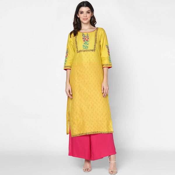 Women's Yellow 100% Cotton Hand Block Print Straight Kurta Only - Cheera