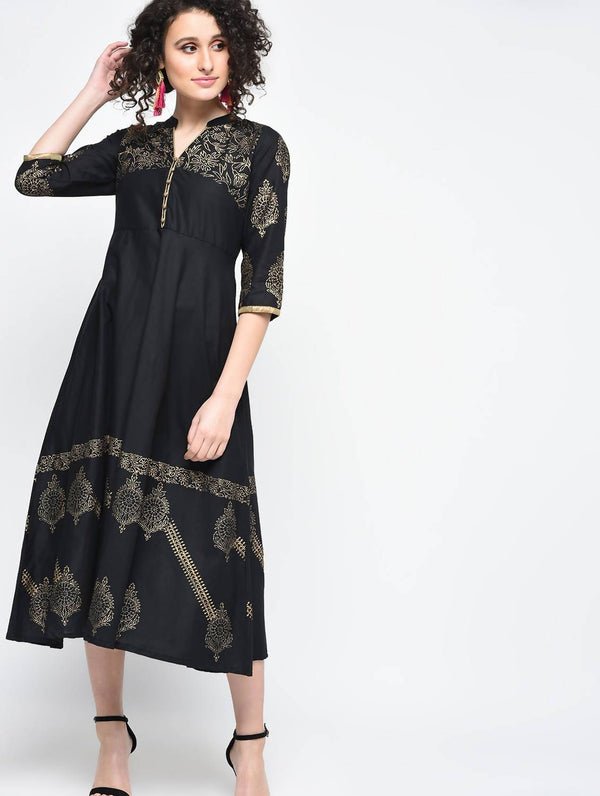 Women's Black Hand Block Print Anarkali Kurta Only - Cheera