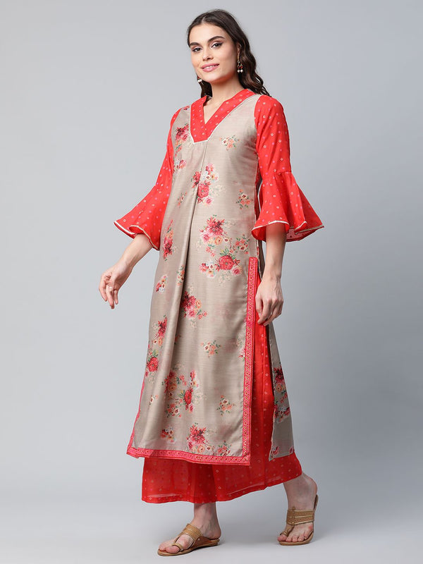 Red & Brown Chanderi Printed Kurta Palazzo Set