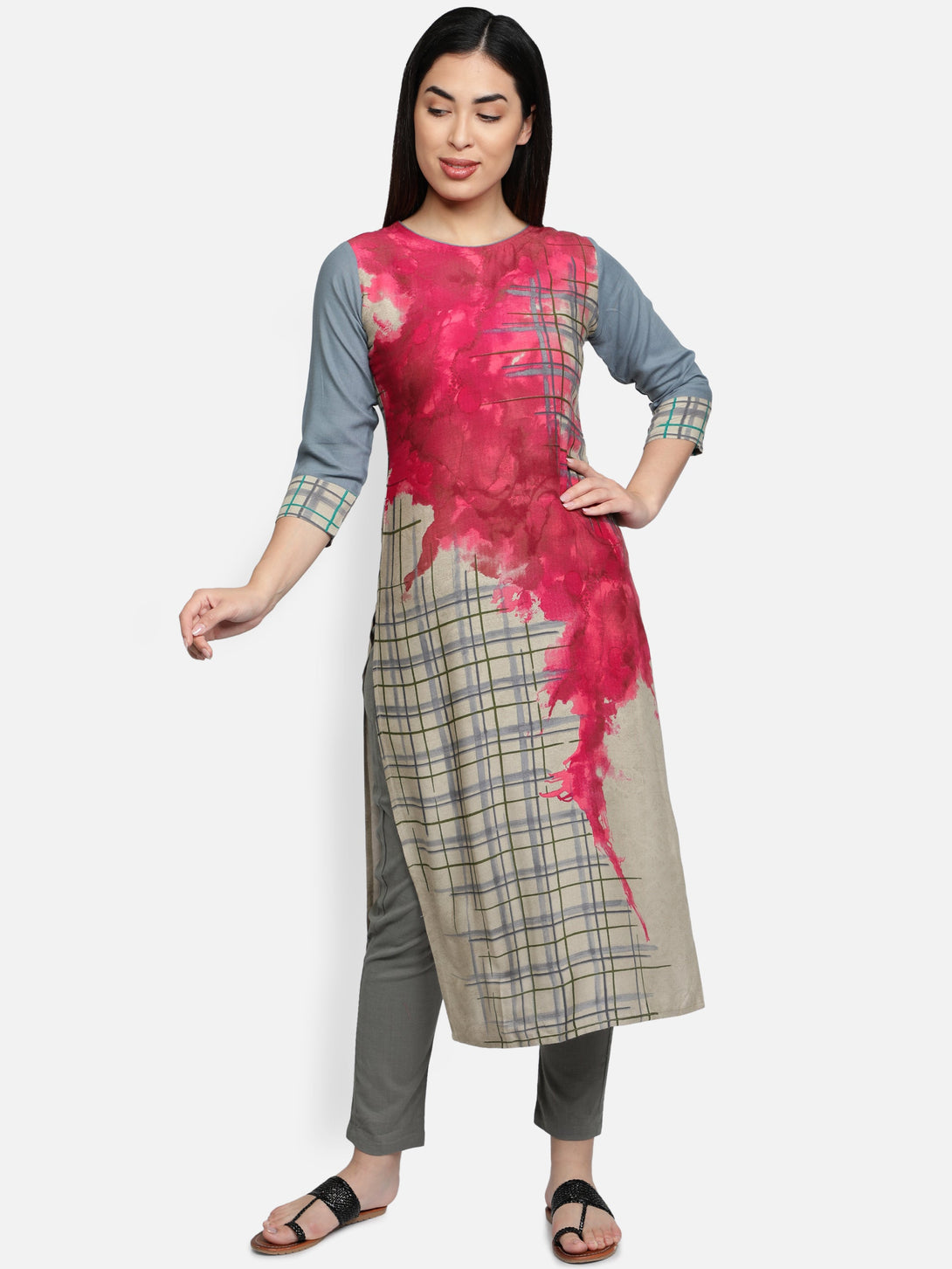 Women's Pink Color Rayon Blend Straight Printed Kurta - Vaaba