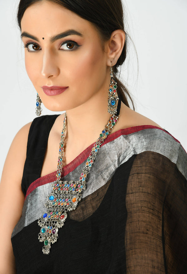 Kamal Johar Silver-Plated Multi Color Kundan Necklace with Earrings Jkms_109