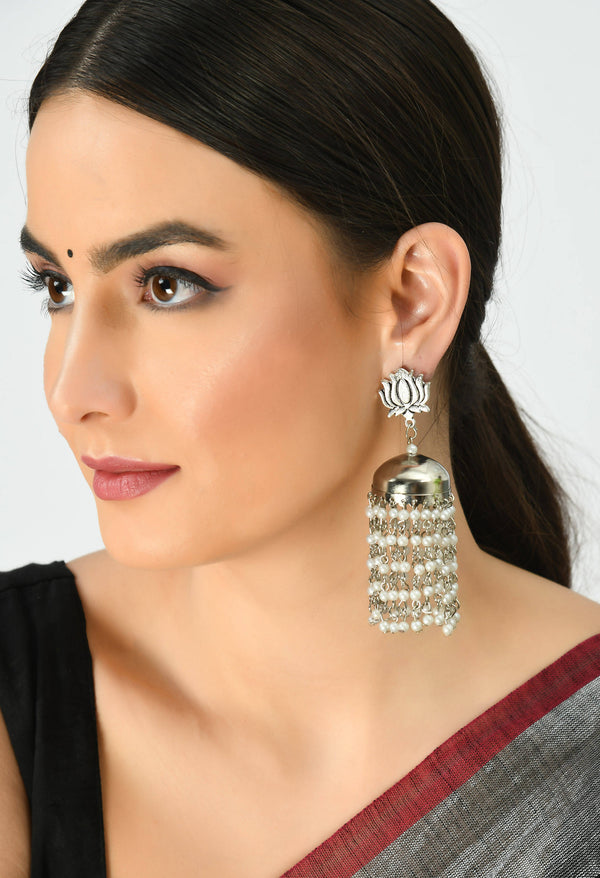 Johar Kamal Silver-Plated Lotus design Earrings with Pearls Jhumkas Jker_077