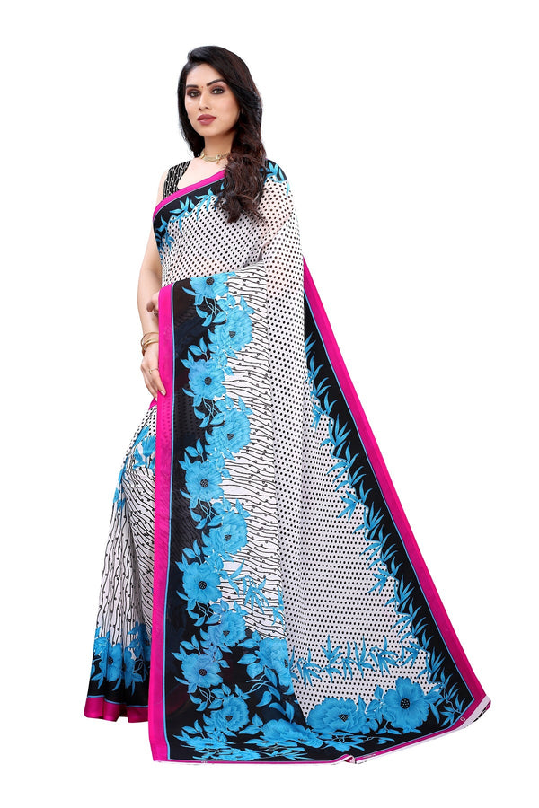 Women's White Printed Georgette Saree - Vamika