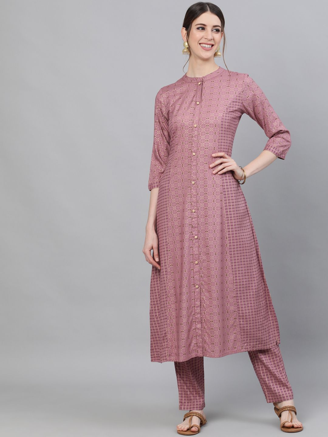 Women's Mauve Gold Printed A-Line Kurta Set - AKS