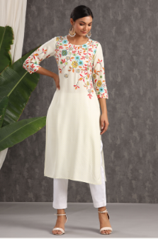 Women's Ivory Rayon Printed Straight Kurta - Juniper