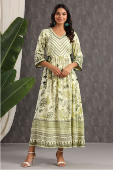 Women's Light Olive Rayon Printed Flared Dress - Juniper