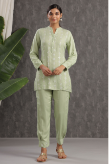 Women's Light Olive Rayon Embroidered Straight Kurta Pant Set - Juniper