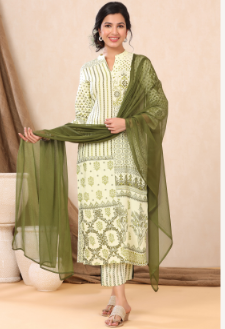 Women's Light Olive Rayon Printed Straight Kurta Palazzo Dupatta Set - Juniper