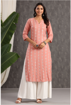 Women's Onionpink Rayon Embroidered Straight Kurta - Juniper