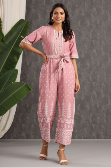 Women's Onionpink Rayon Printed Ethnic Jumpsuit with Belt - Juniper