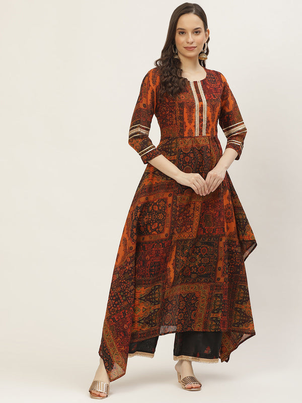 Women's Orange Color Chanderi Silk Floral A-Line Digital Printed Kurta Palazzo Set - VAABA