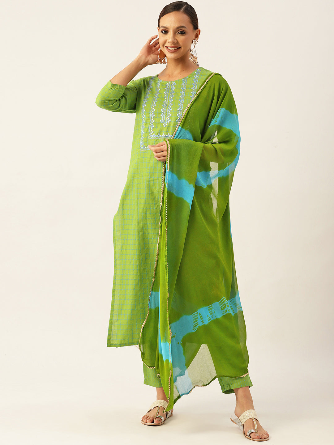 Women's Green Cotton Blend Embroidered Straight Kurta Pants Set With Dupatta - Vaaba