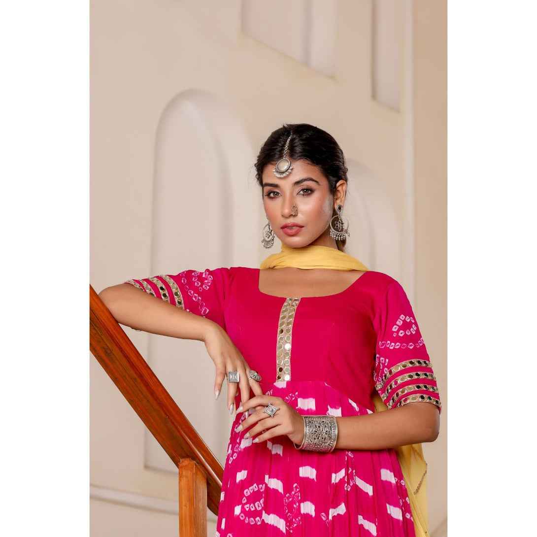 Women's Magenta Mirror Anarkali Kurtawith Dupatta - Rangpur