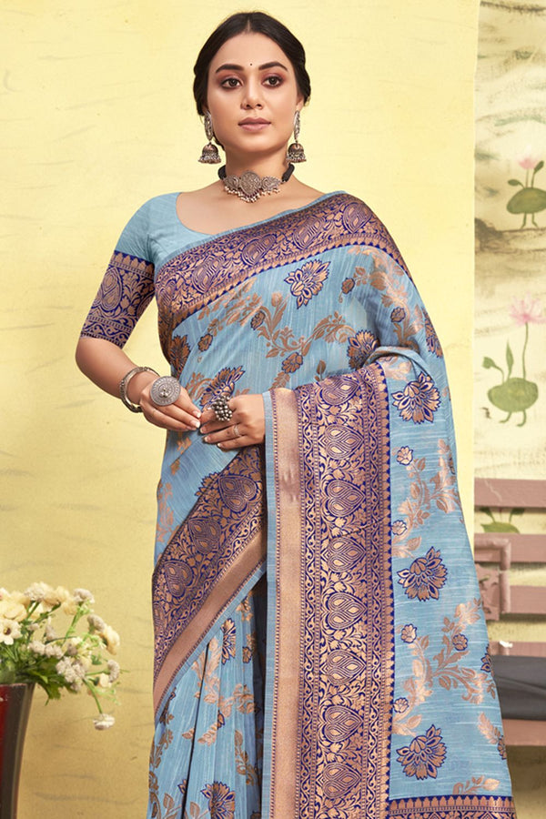 Women's Sky Blue Cotton Woven Zari Work Traditional Tassle Saree - Sangam Prints