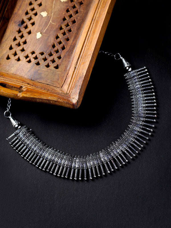 Women's Silver-Toned Silver-Plated Oxidised Necklace - Morkanth