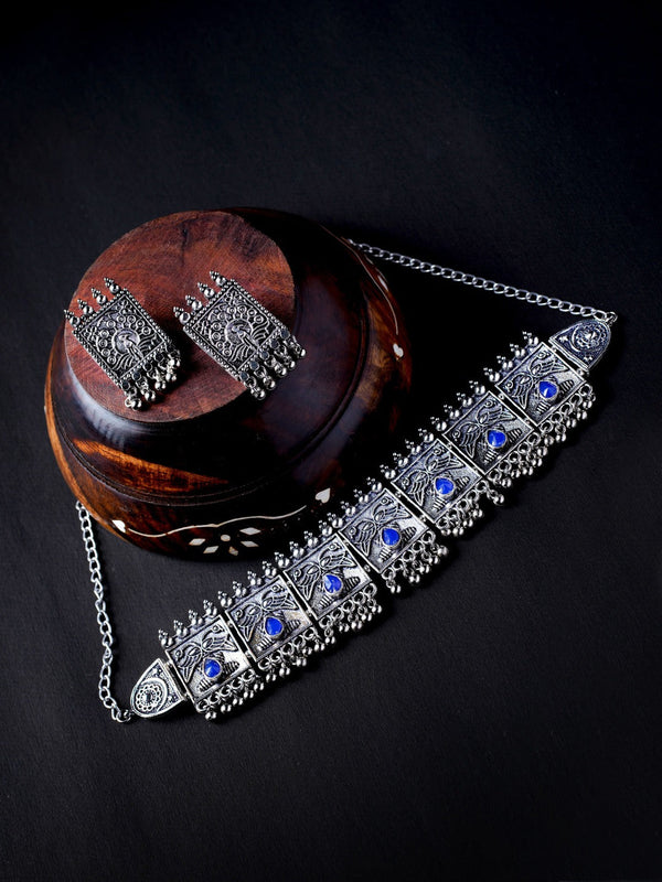 Women's Oxidised Silver-Pated Blue Stone-Studded Jewellery Set - Morkanth