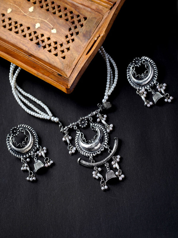 Women's Oxidised Silver - Plated Pearls Studded Jewellery Set - Morkanth