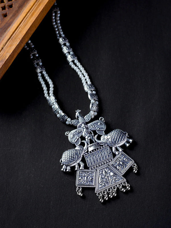 Women's Silver-Toned Silver-Plated Oxidised Necklace - Morkanth