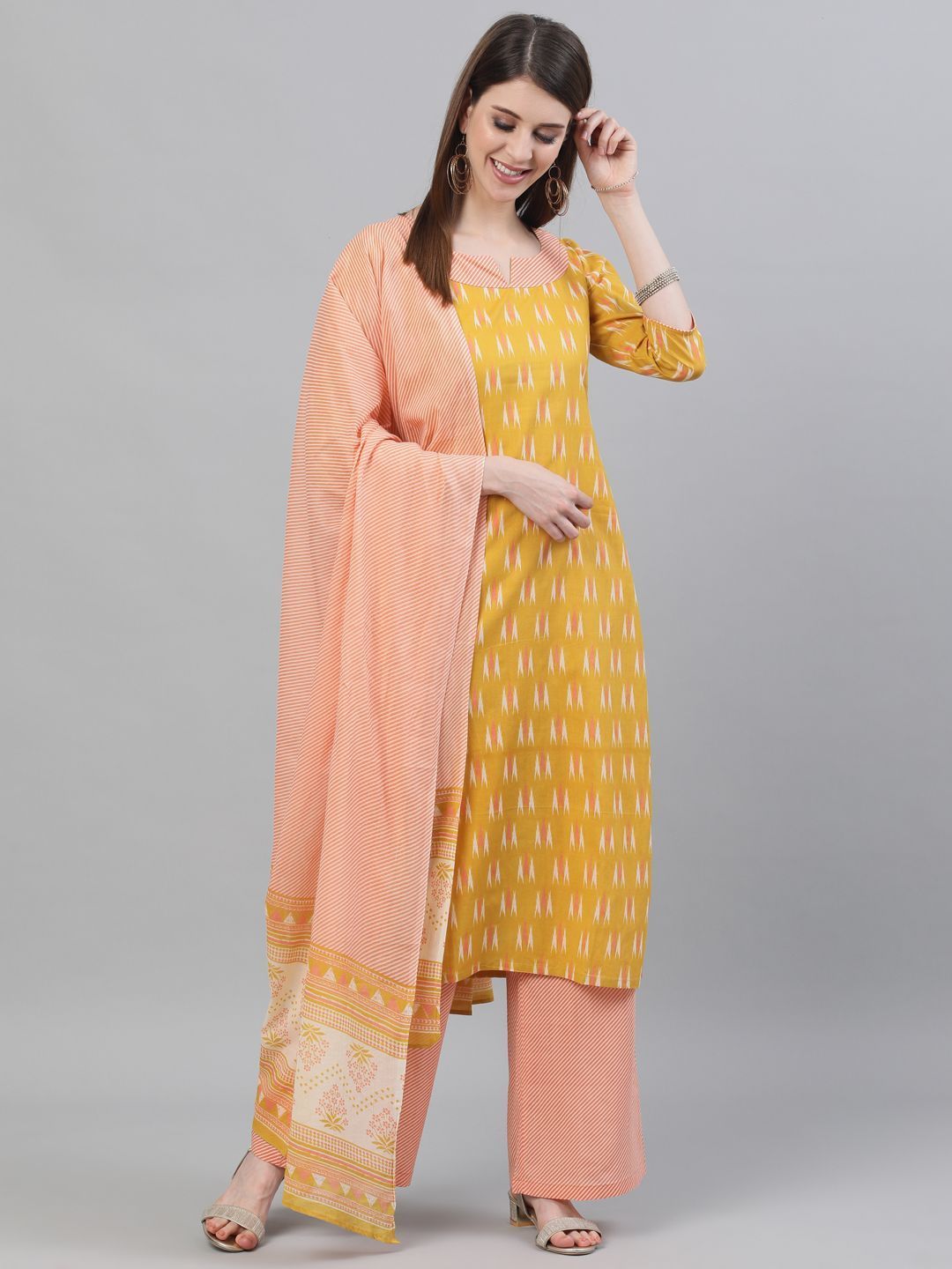 Women's Yellow & Peach Ikat Printed Straight Kurta With Palazzo & Dupatta Set - AKS