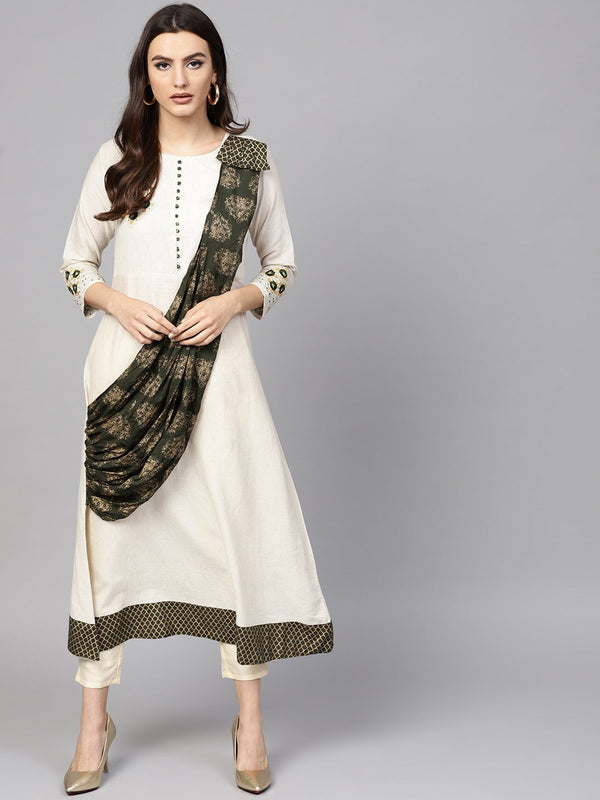 Off-White & Green A-Line Kurta-Indiakreations-JSDBNKU1646GRS