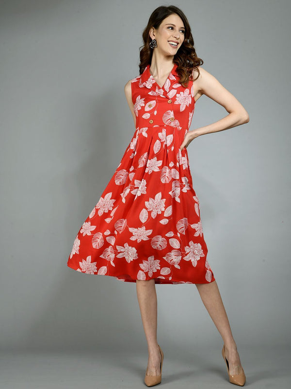 Women's Red Rayon Printed Sleeveless Collar Neck Casual Dress - Myshka