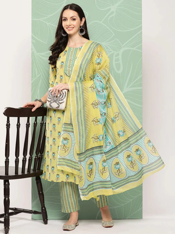 Olive Green Floral Printed Pure Cotton Kurta With Trouser And Dupatta-Indiakreations-JS1371SKDOLS