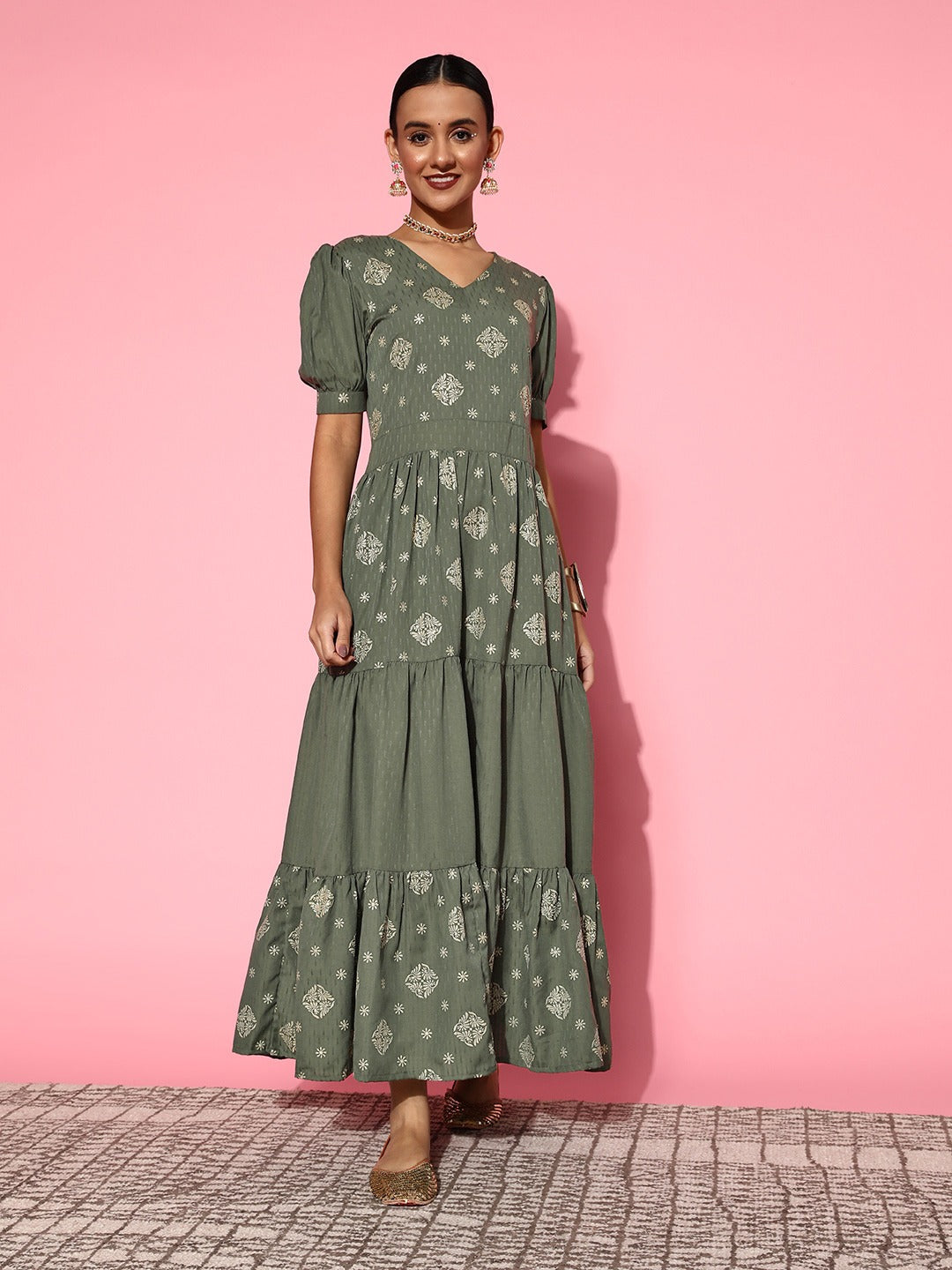 Olive Green Maxi Dress-Indiakreations-JS8125DRSOGS