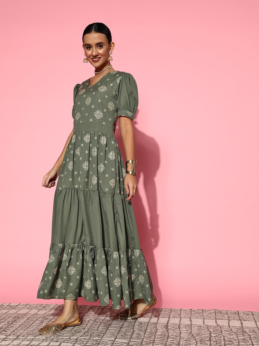 Olive Green Maxi Dress-Indiakreations-JS8125DRSOGS