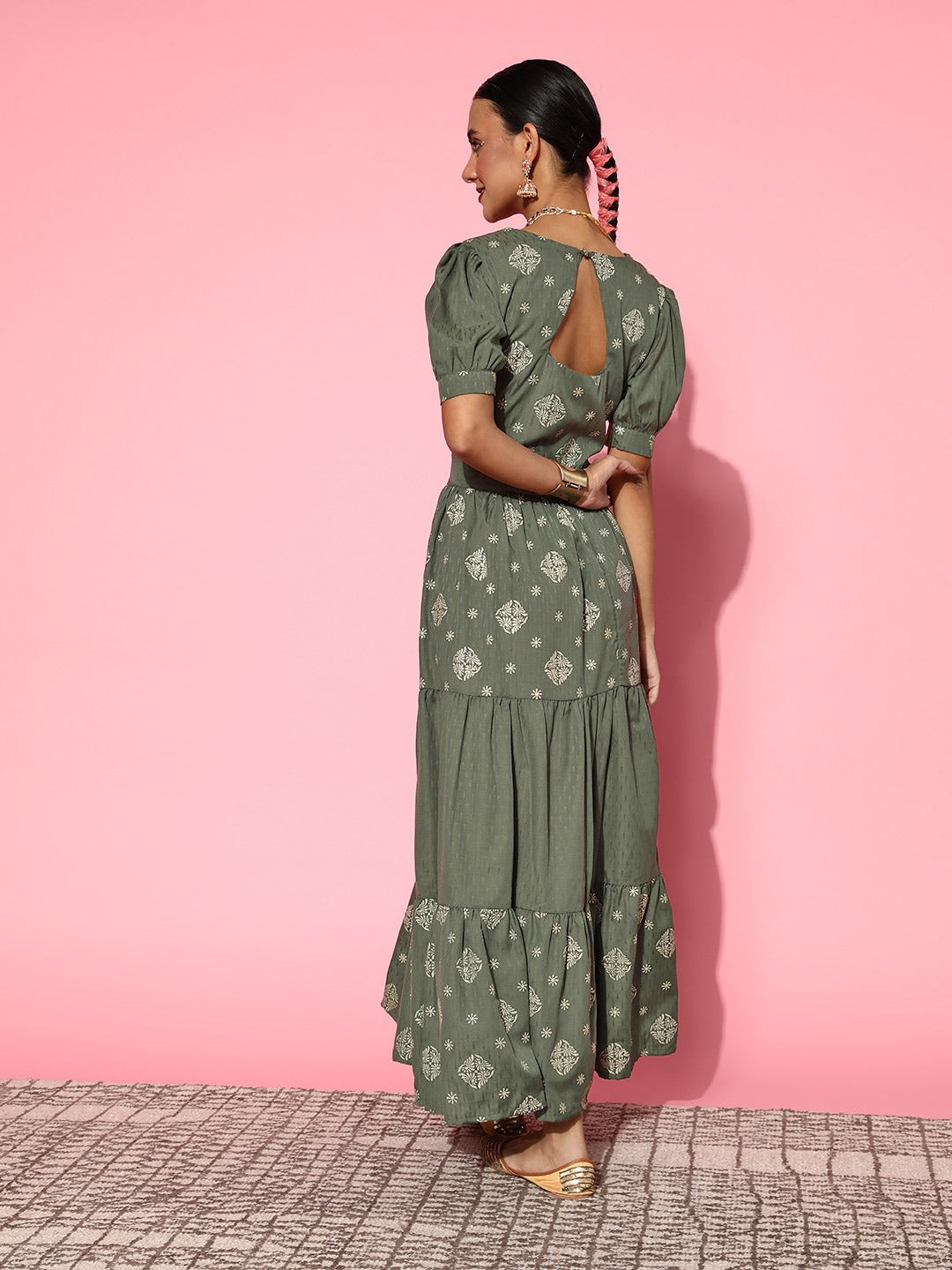 Olive Green Maxi Dress-Indiakreations-JS8125DRSOGS