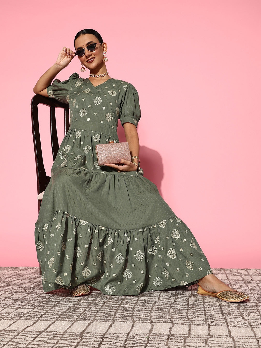 Olive Green Maxi Dress-Indiakreations-JS8125DRSOGS