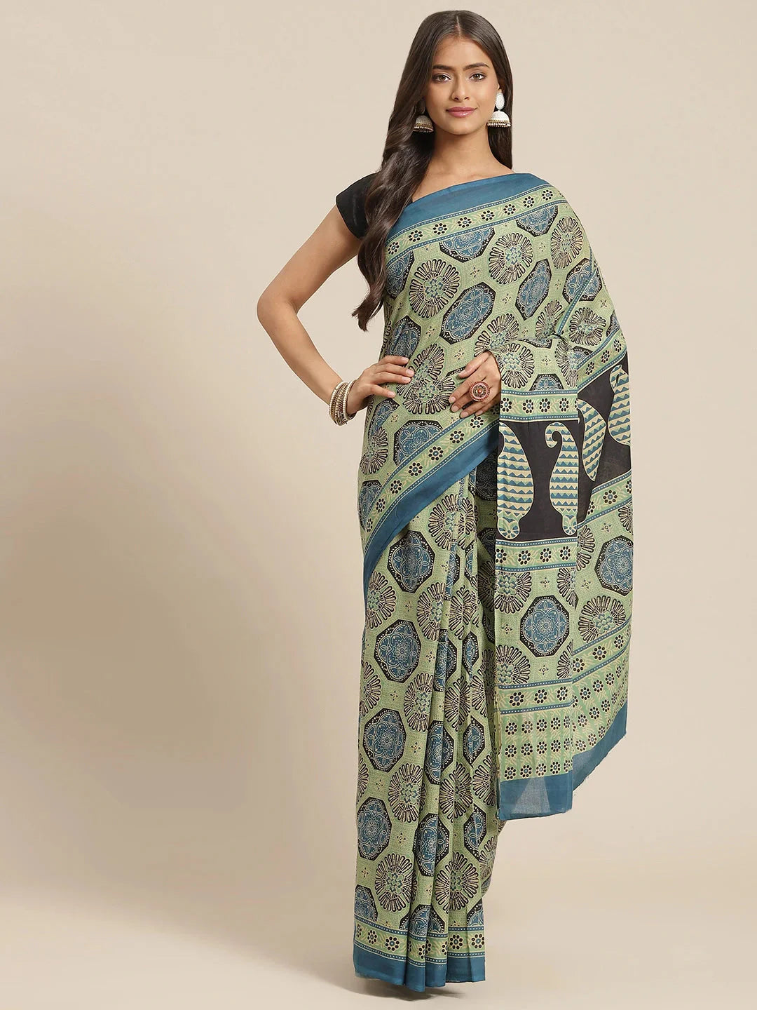 Olive Printed Saree-Indiakreations-JS6035SAROL