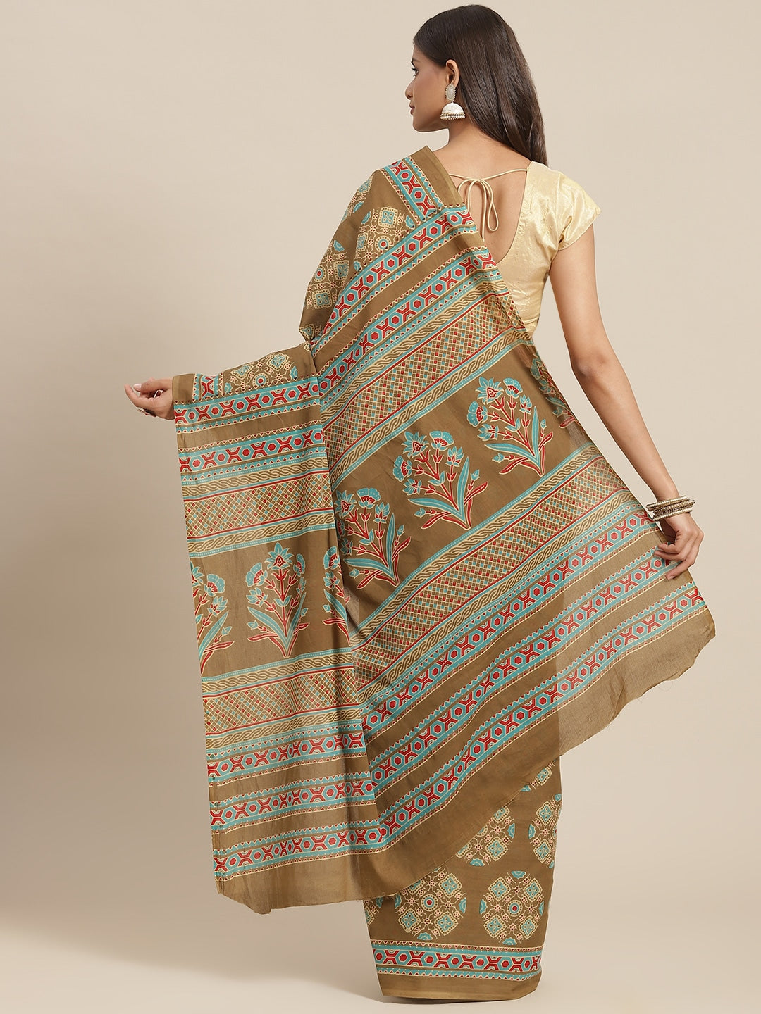 Olive Printed Saree-Indiakreations-JS6037SAROL