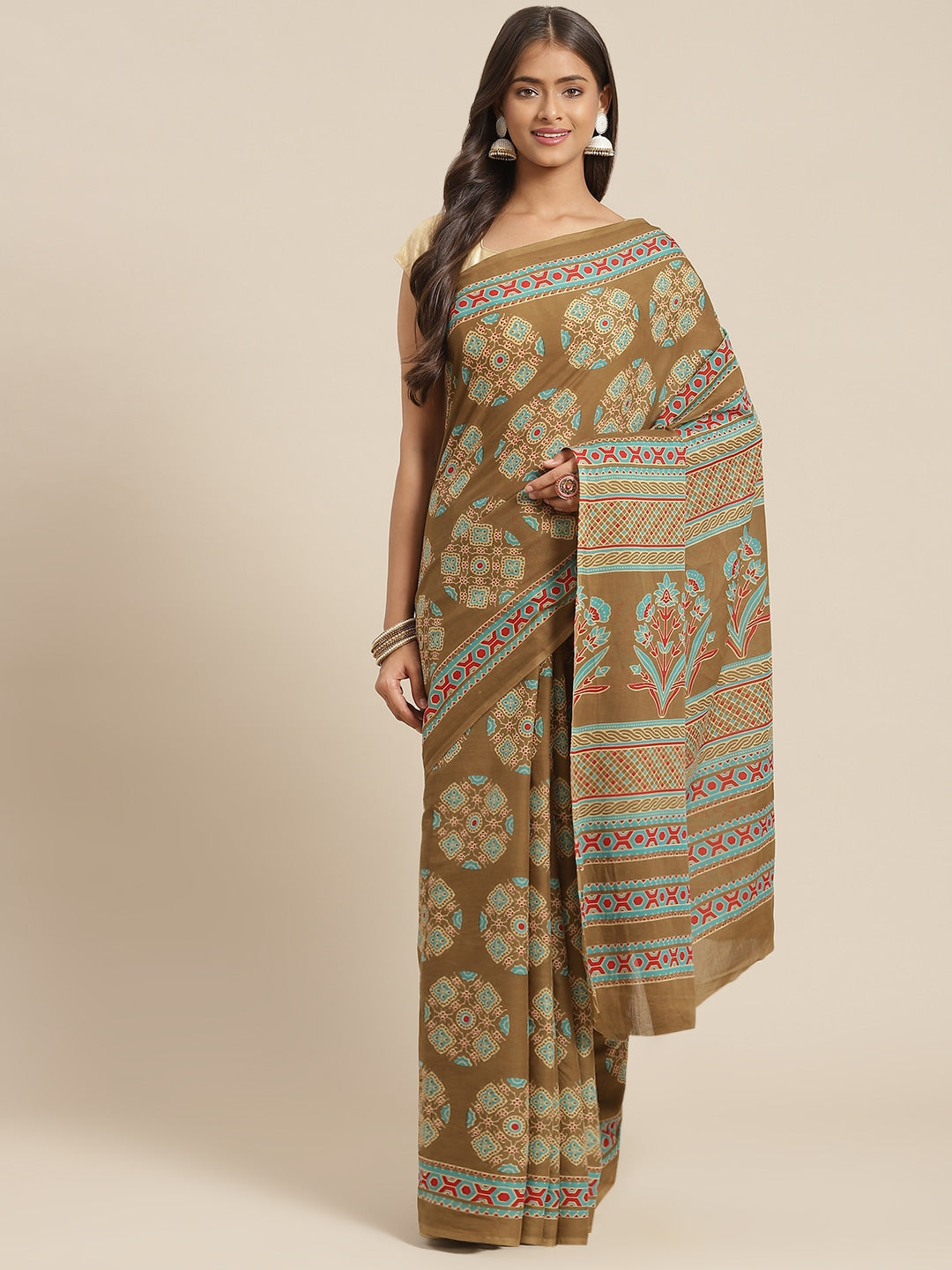 Olive Printed Saree-Indiakreations-JS6037SAROL