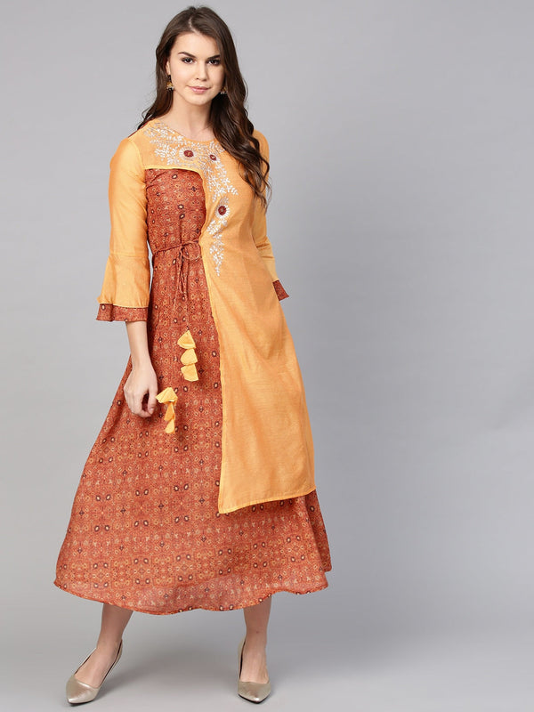 Orange & Brown A-Line Kurta-Indiakreations-JSYUFPKU1797S