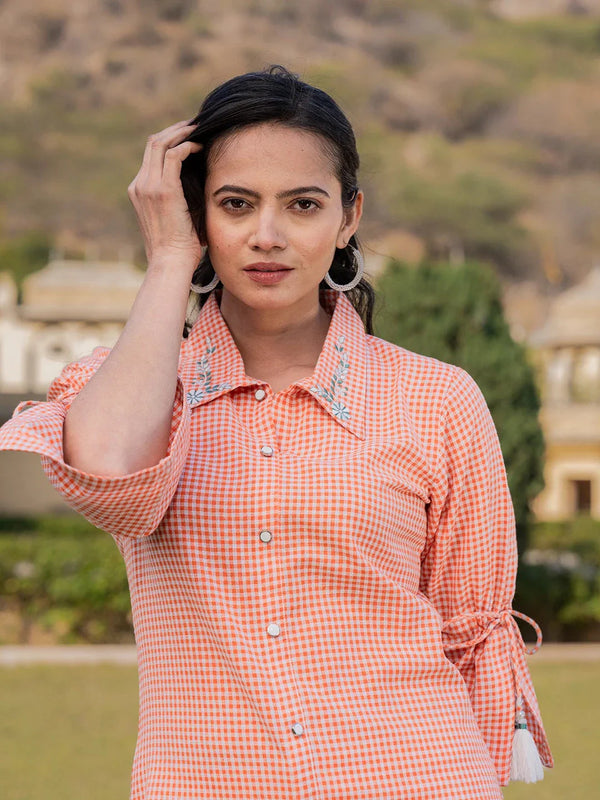 Orange Cotton Checks Printed Embroidery Top-Indiakreations-JS1499TOPORS