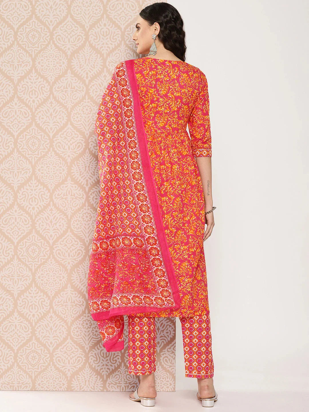 Orange Floral Printed Regular Sequinned Pure Cotton Kurta with Trousers & Dupatta Set-Indiakreations-JS1282SKDPKS