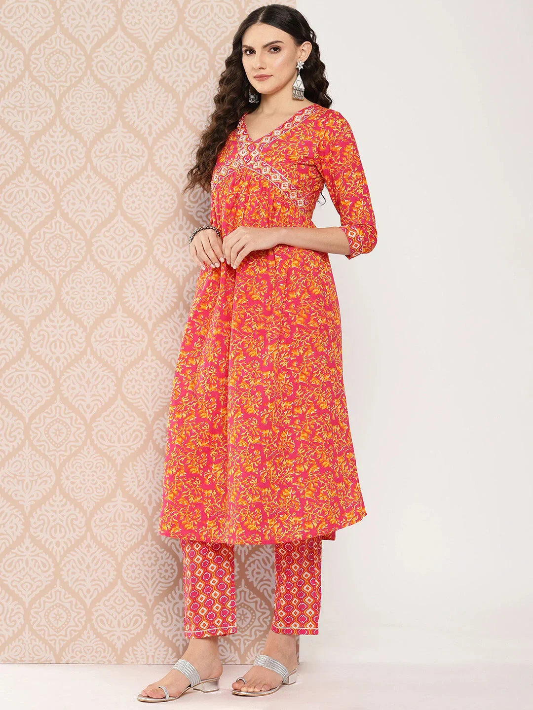 Orange Floral Printed Regular Sequinned Pure Cotton Kurta with Trousers & Dupatta Set-Indiakreations-JS1282SKDPKS