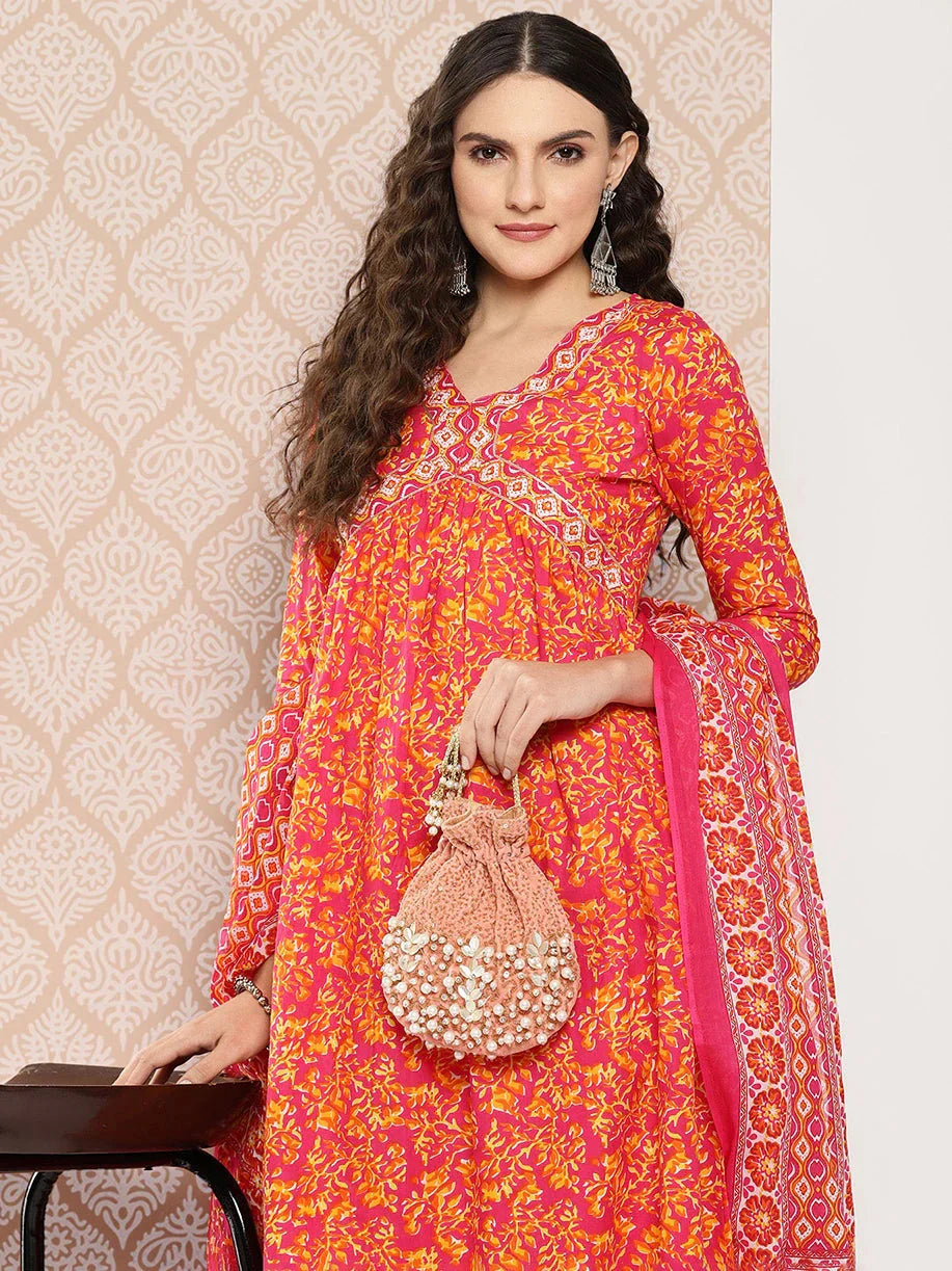 Orange Floral Printed Regular Sequinned Pure Cotton Kurta with Trousers & Dupatta Set-Indiakreations-JS1282SKDPKS