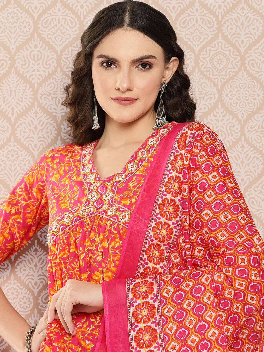 Orange Floral Printed Regular Sequinned Pure Cotton Kurta with Trousers & Dupatta Set-Indiakreations-JS1282SKDPKS