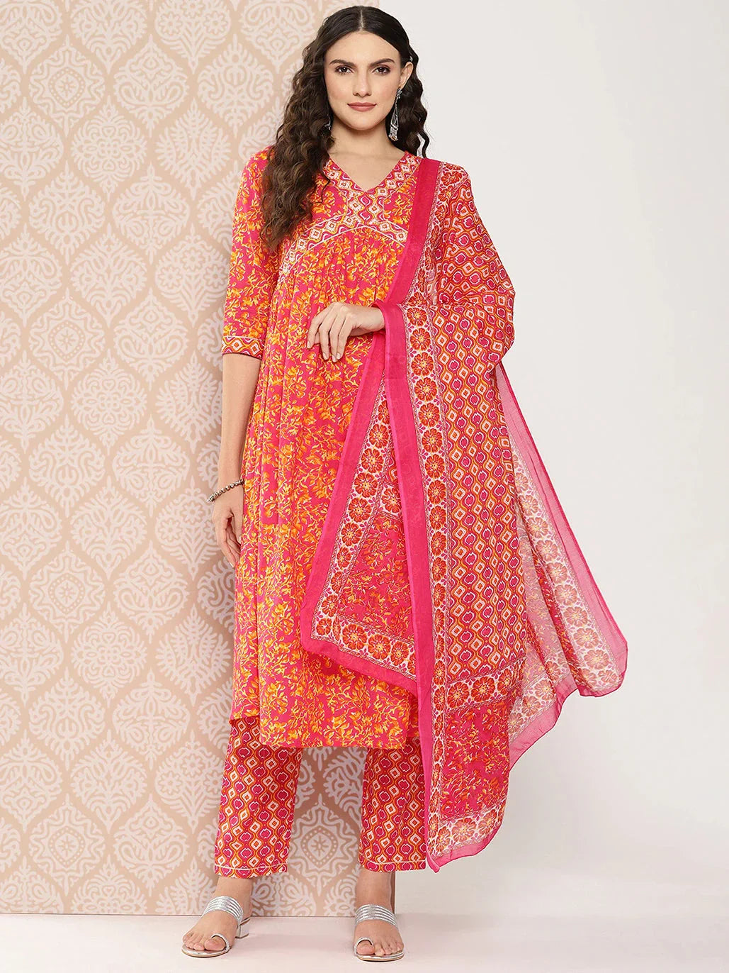 Orange Floral Printed Regular Sequinned Pure Cotton Kurta with Trousers & Dupatta Set-Indiakreations-JS1282SKDPKS