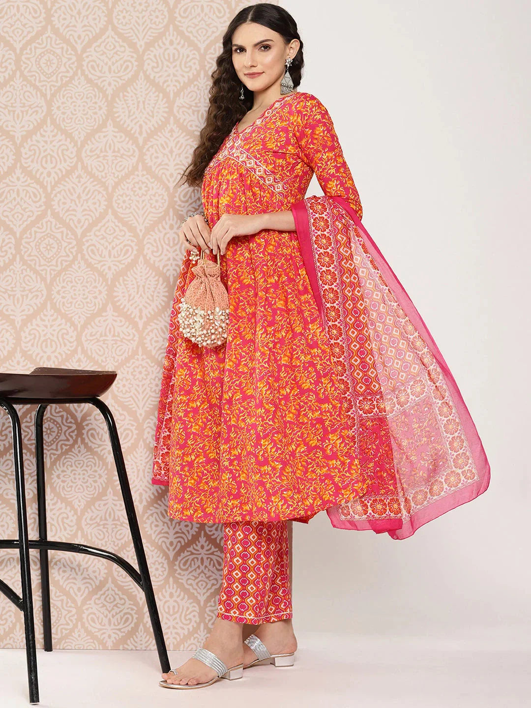 Orange Floral Printed Regular Sequinned Pure Cotton Kurta with Trousers & Dupatta Set-Indiakreations-JS1282SKDPKS